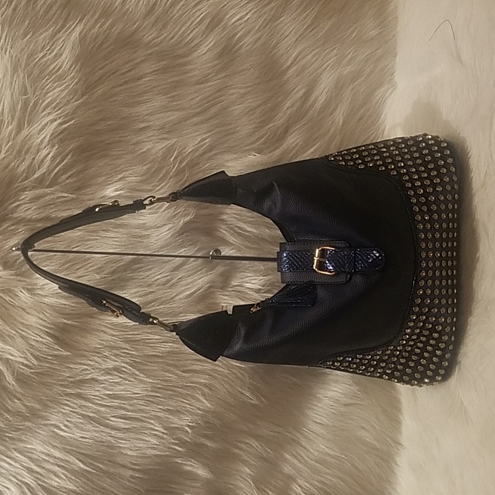 NAVY DECORATIVE RHINESTONE HOBO HANDBAG